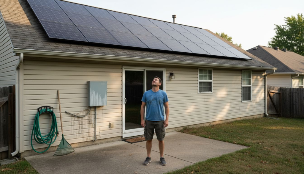 Homeowner and roof with solar panels on sunny day