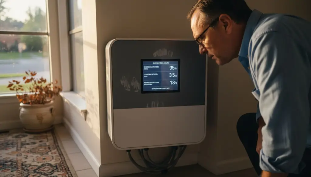 Un hombre inspecciona el sistema de almacenamiento de energía solar en su vivienda