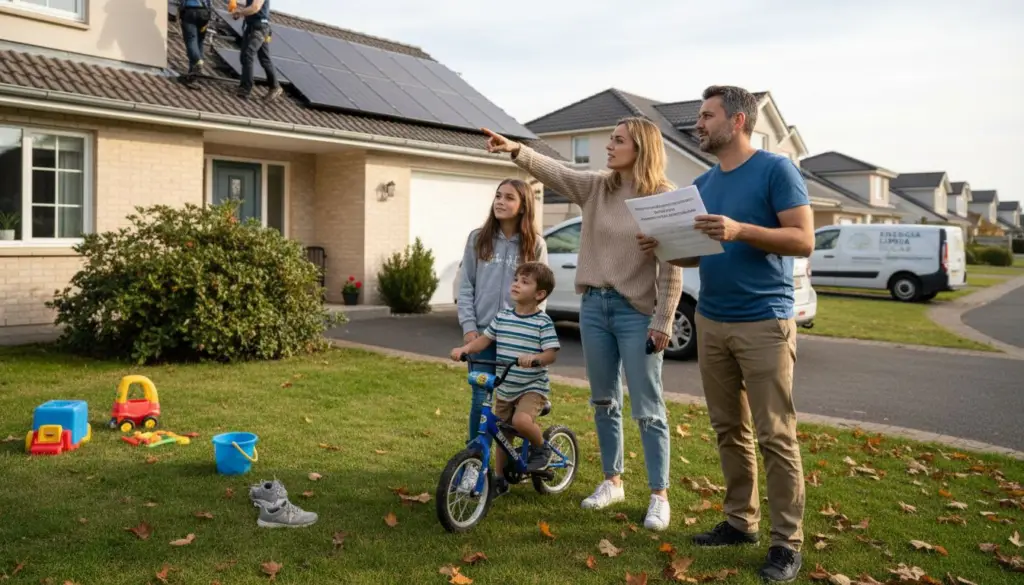 Una familia observa con interés cómo instalan paneles solares en el tejado de su casa.