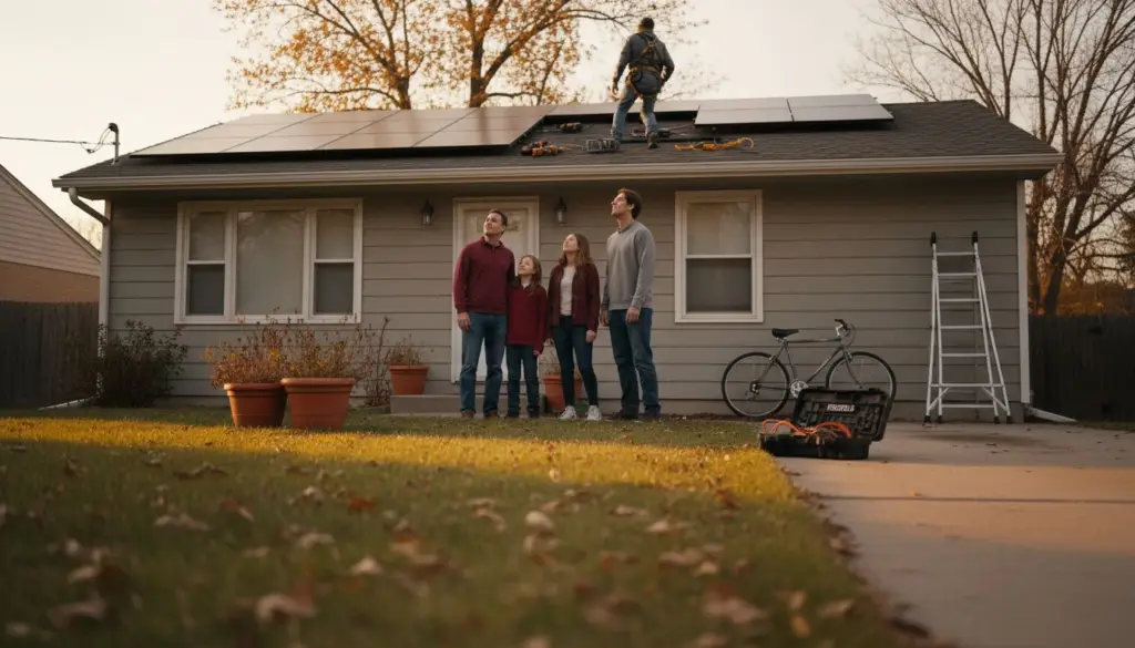 Una familia presencia la instalación de paneles solares en su hogar