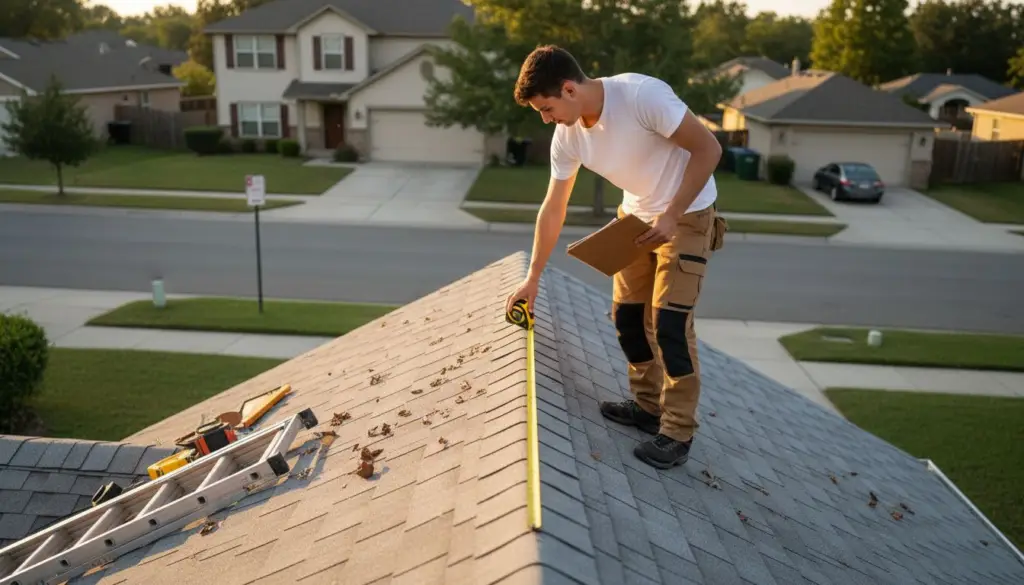 Una persona toma medidas en el techo para instalar paneles solares.