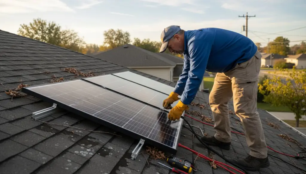 Técnico instalando placas solares en el tejado de una vivienda