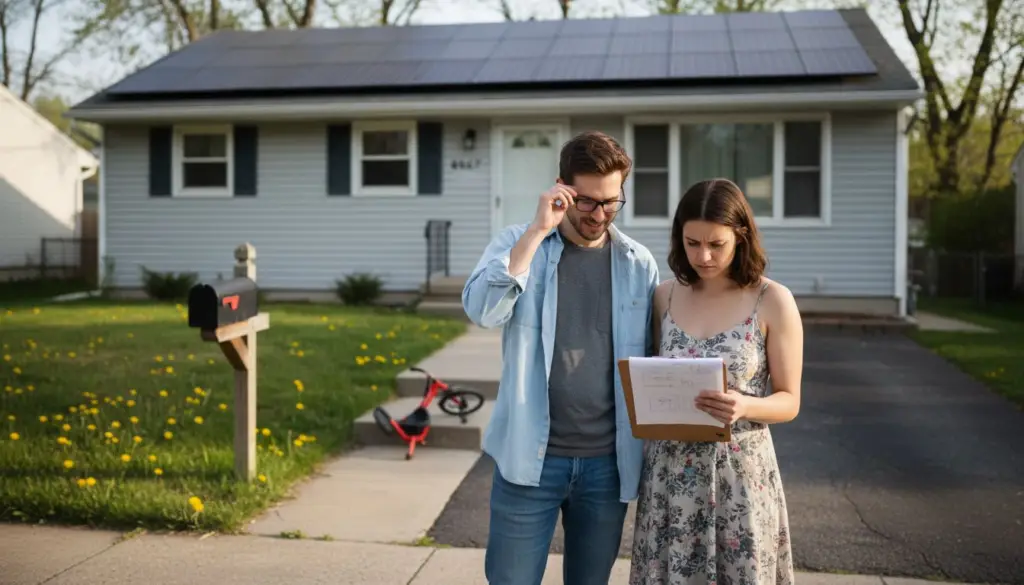 Couple outside home with rooftop solar panels