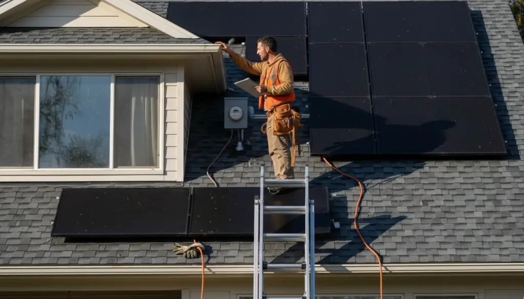 Installer inspecting solar panels on home exterior