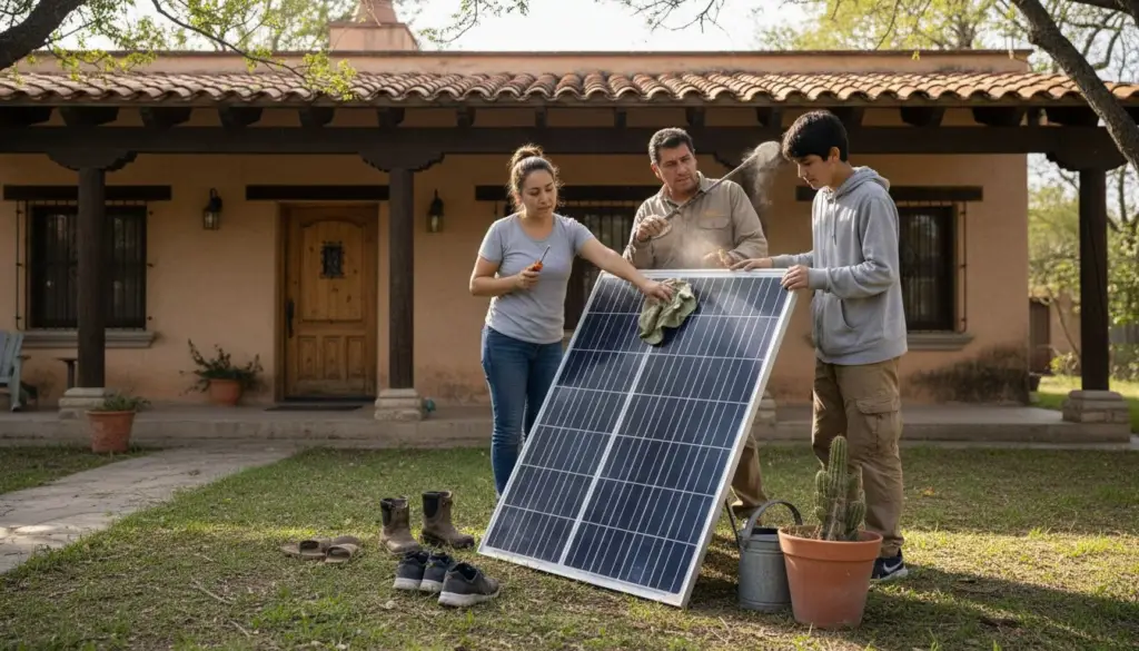 Una familia inspecciona el panel solar que tiene instalado en el jardín de su casa.