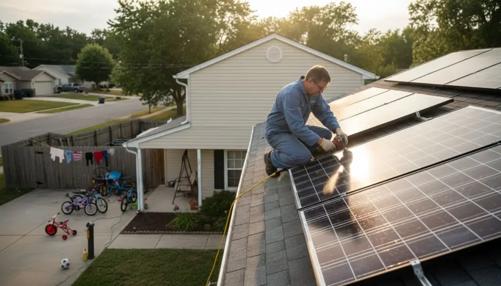 Solar installer securing panel on suburban roof