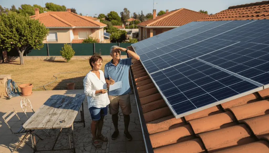 Una pareja observa y evalúa los paneles solares instalados en el techo de su casa.