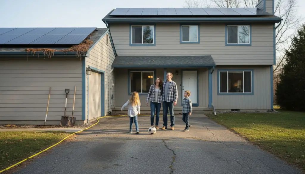 Family looking at solar panels on roof