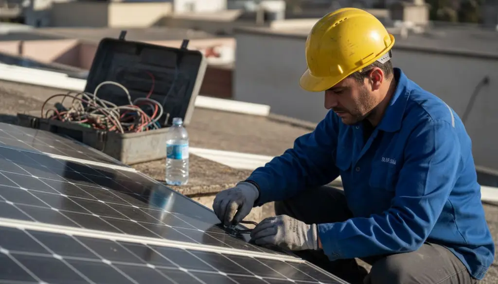 Especialista revisando la instalación de paneles solares en la azotea