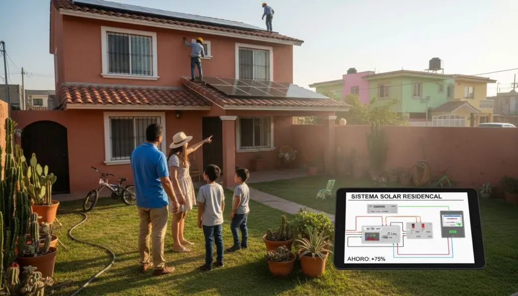 Una familia supervisa la instalación de paneles solares en su hogar