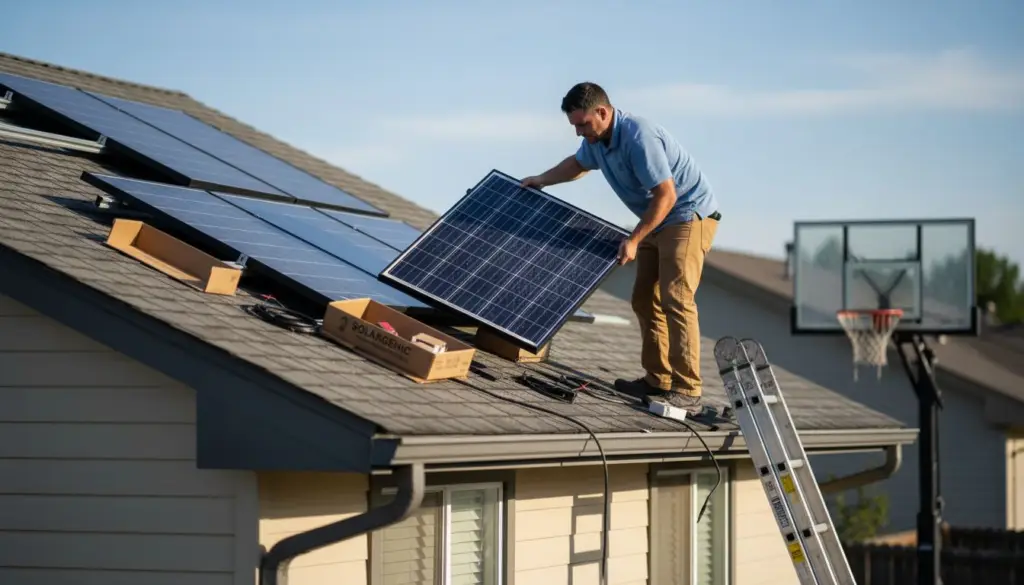 Technician installing solar panels on roof