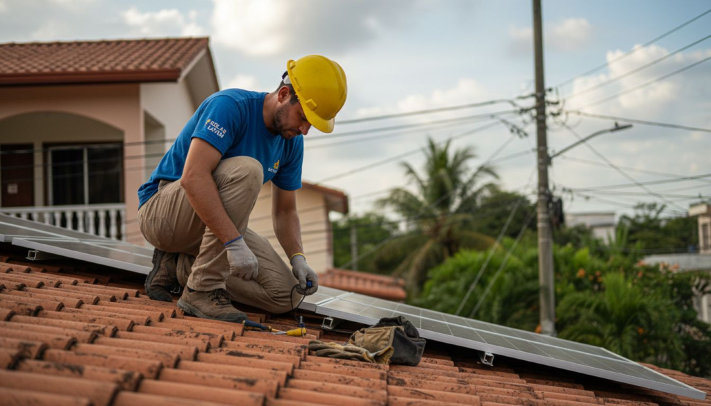 Técnico inspeccionando los paneles solares instalados en el tejado de una vivienda