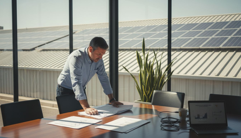 El gerente supervisa personalmente la instalación de los paneles solares en la empresa.