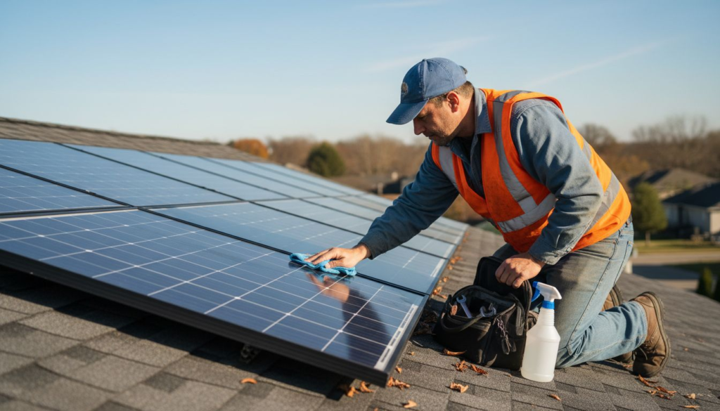 Technician cleaning solar panels on suburban rooftop