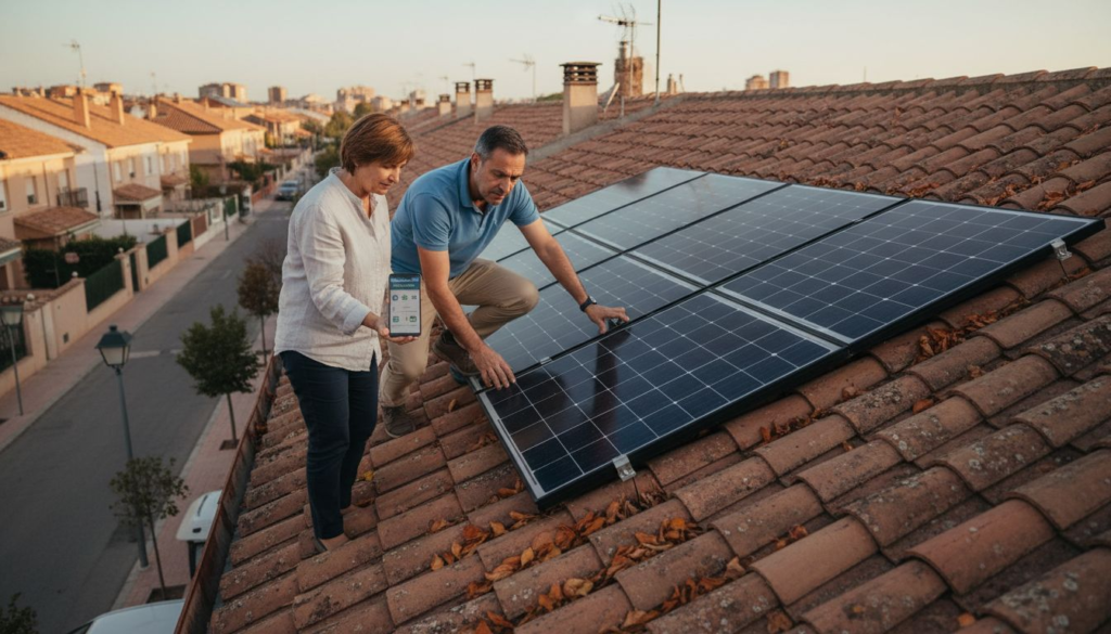 Una pareja observa y revisa la instalación de paneles solares en el tejado de su casa.