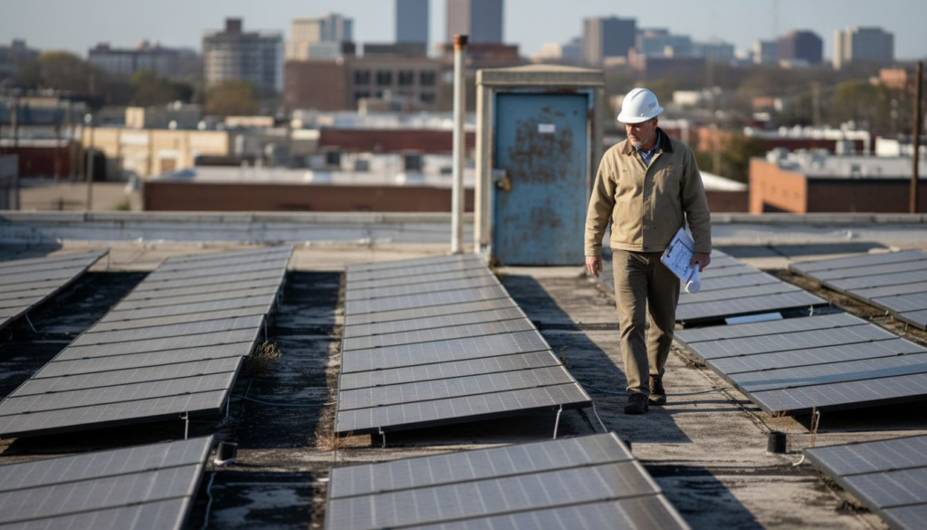Facility manager inspecting commercial solar panels