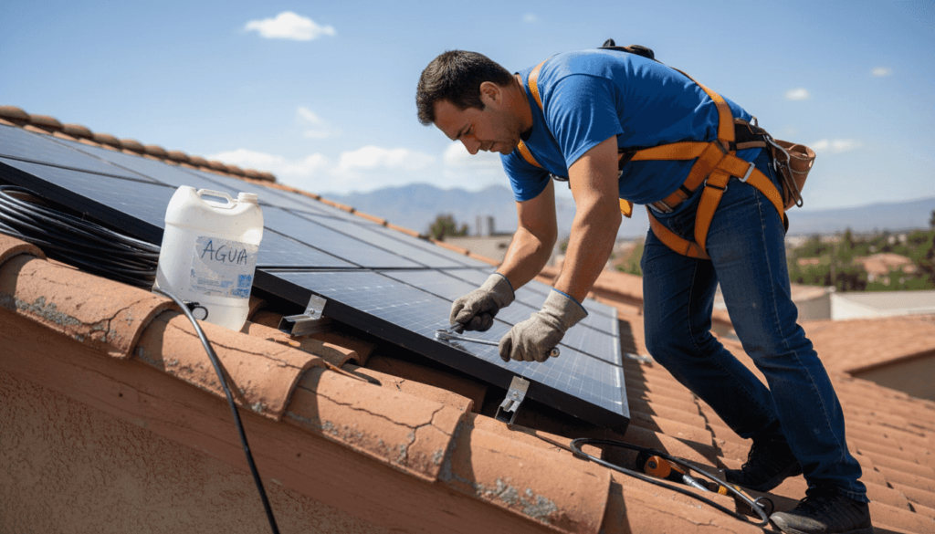Técnico instalando paneles solares en el tejado de una vivienda