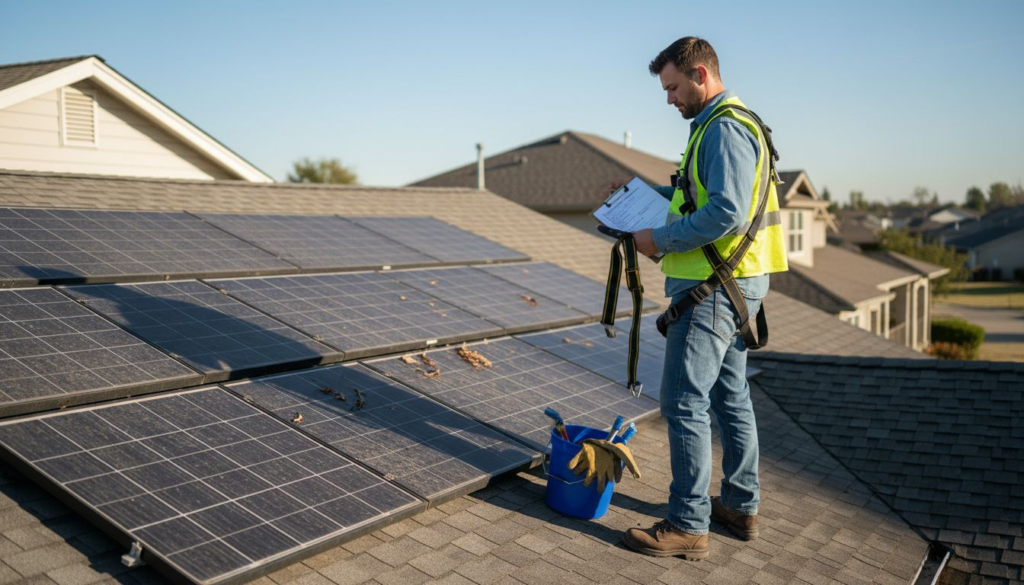 Technician inspecting rooftop solar panels for safety
