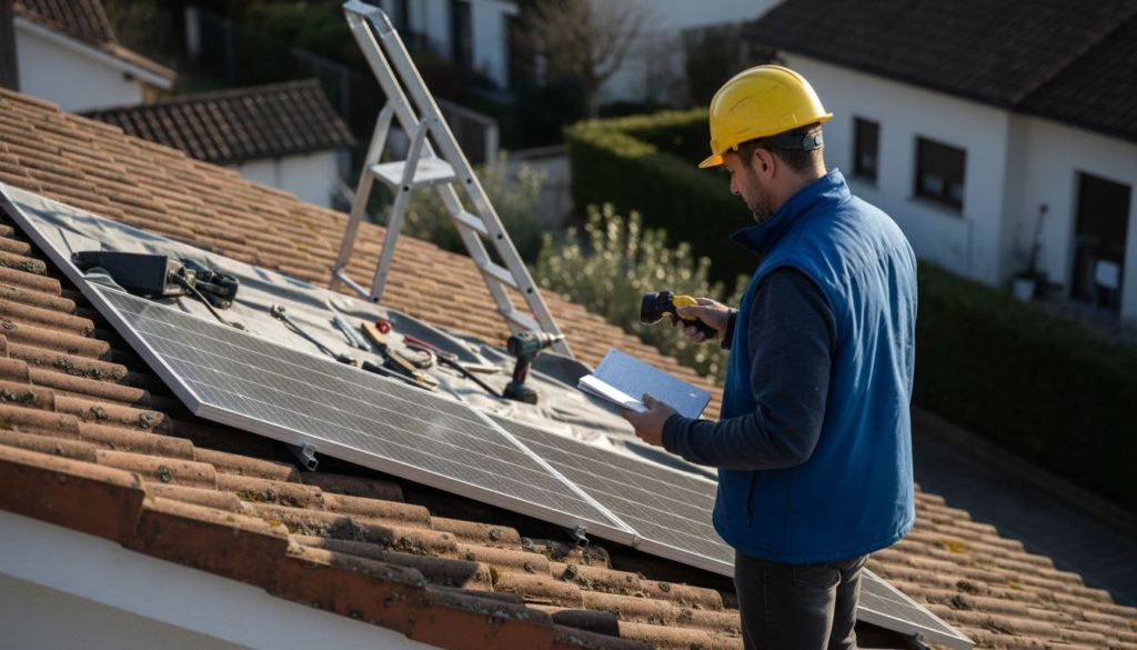 Especialista revisando el tejado antes de instalar paneles solares