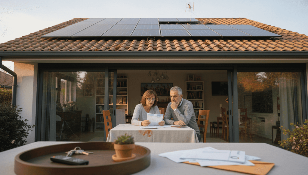 Una pareja revisa juntos una factura cerca de sus paneles solares.