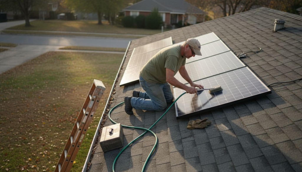 Homeowner cleaning rooftop solar panels with brush