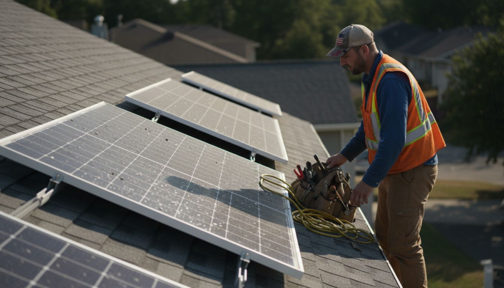 Worker inspects rooftop solar panels for wear
