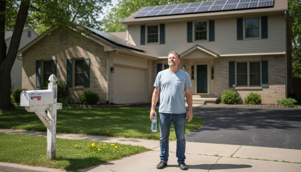Homeowner outside two-story house with solar panels