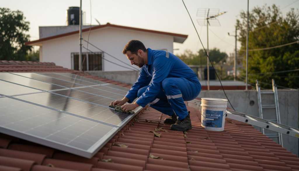 Especialista revisando la instalación de paneles solares en la azotea