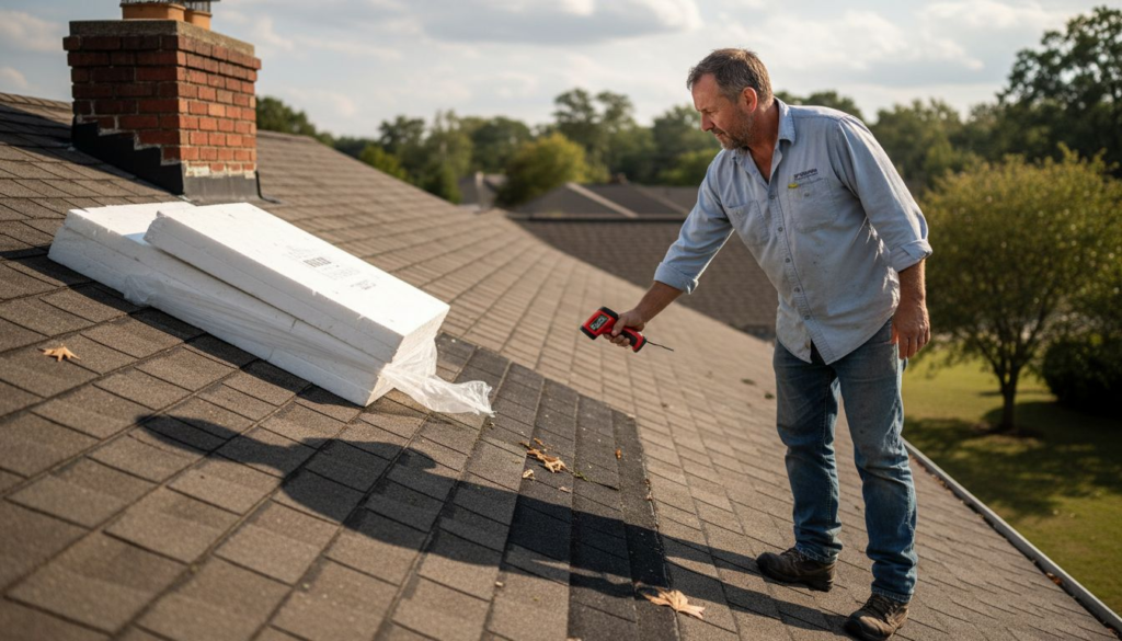 Contractor inspecting home roofing for heat