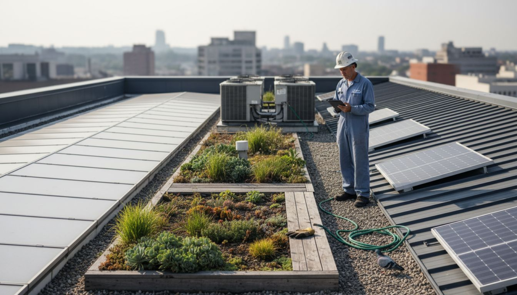 Urban rooftops with solar, green, and metal roofing
