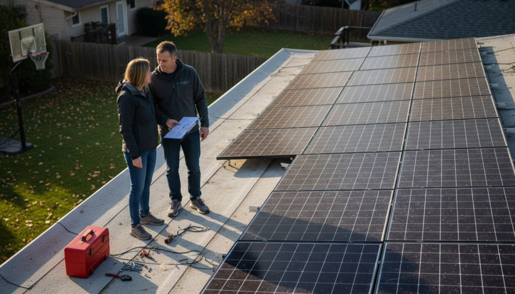Homeowners viewing rooftop solar panel installation