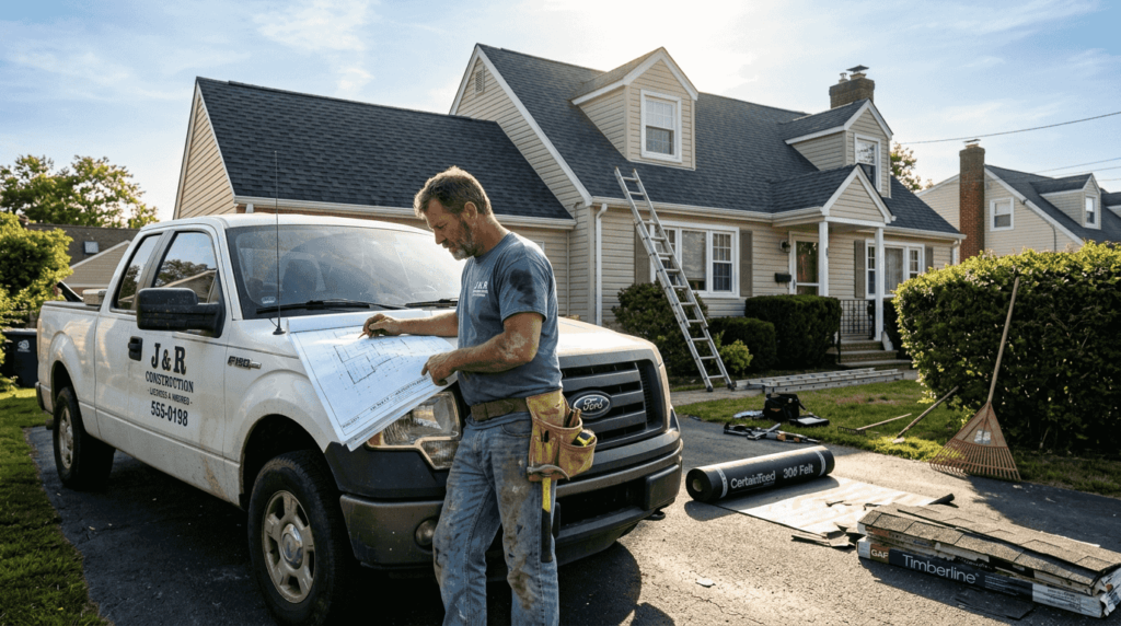 Contractor planning roof installation at house