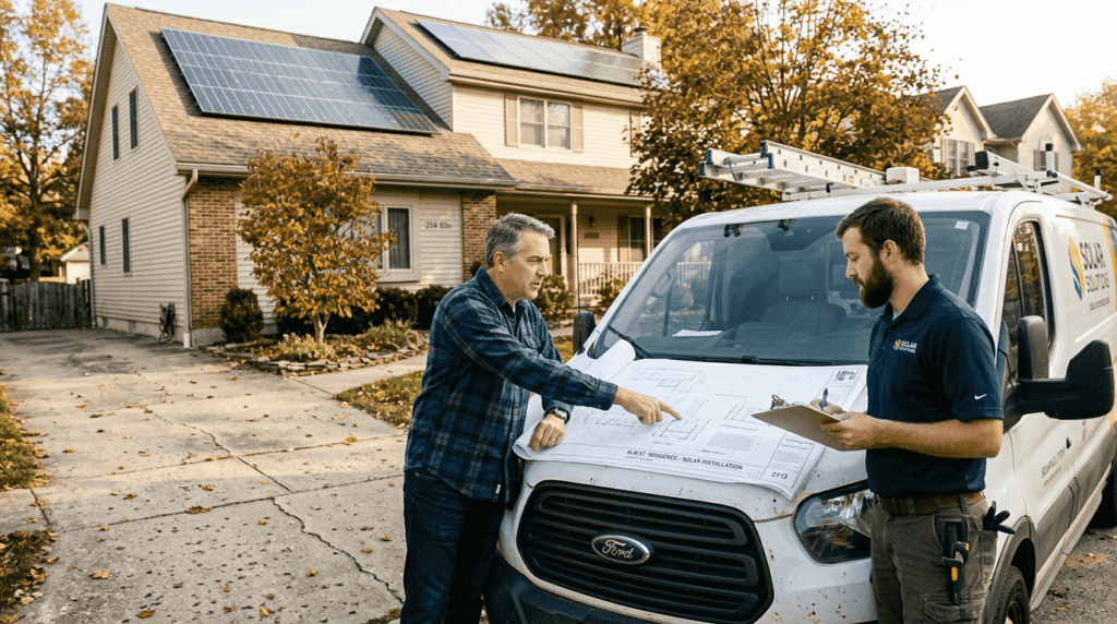Homeowner discussing plans with solar installer