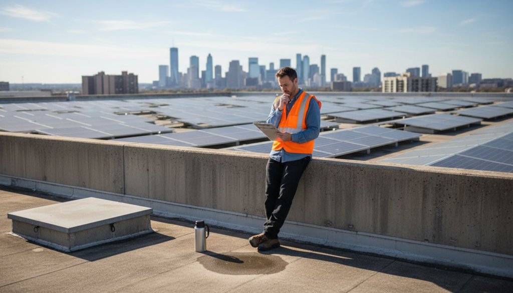 Facility manager on solar rooftop reviewing cost savings