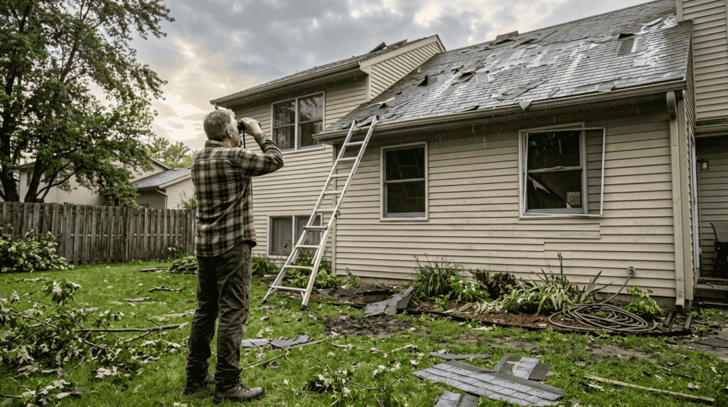 Homeowner inspects storm-damaged roof from ground