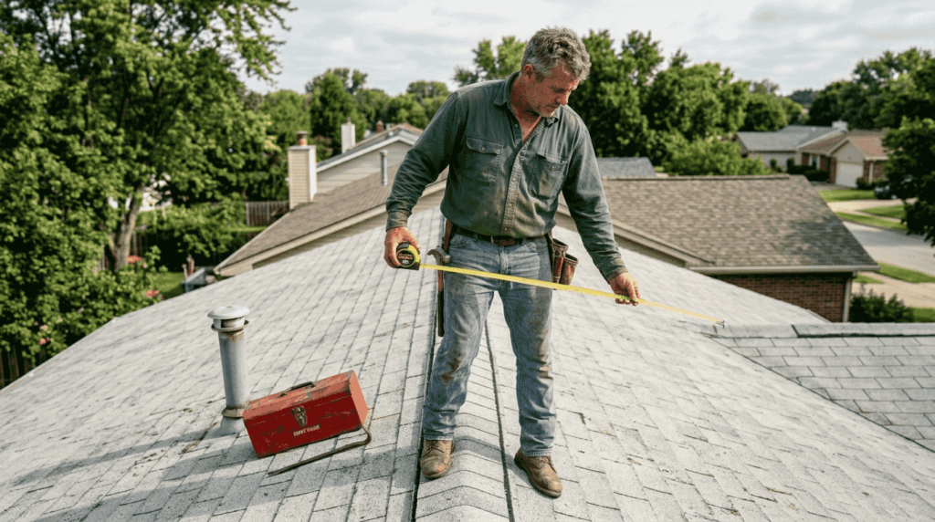 Roofer measuring shingle roof with tape measure
