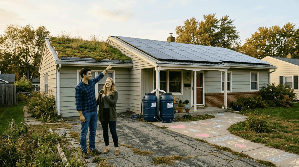 Home with eco-friendly solar and green roof