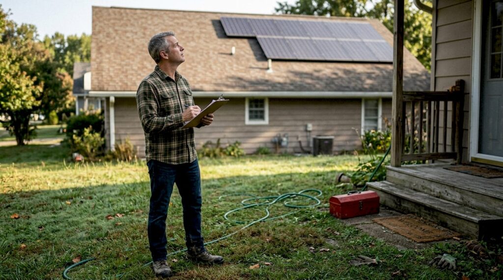 Homeowner checks solar panels from backyard