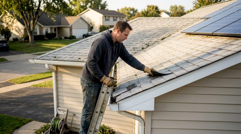 Homeowner inspecting energy-efficient roofing shingles