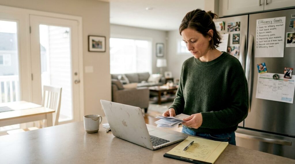 Homeowner entering energy data with bills