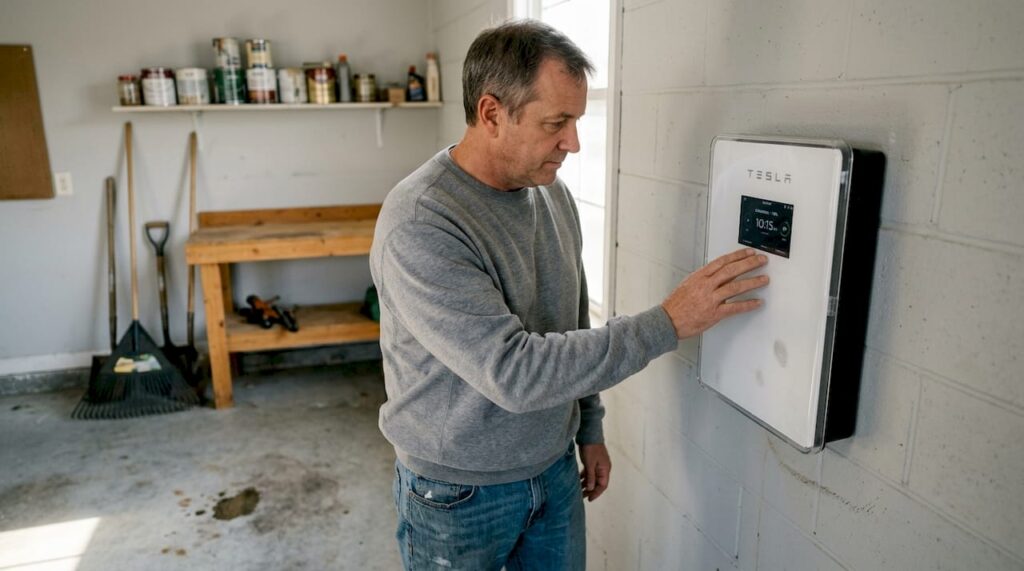 Homeowner checking solar battery unit in garage
