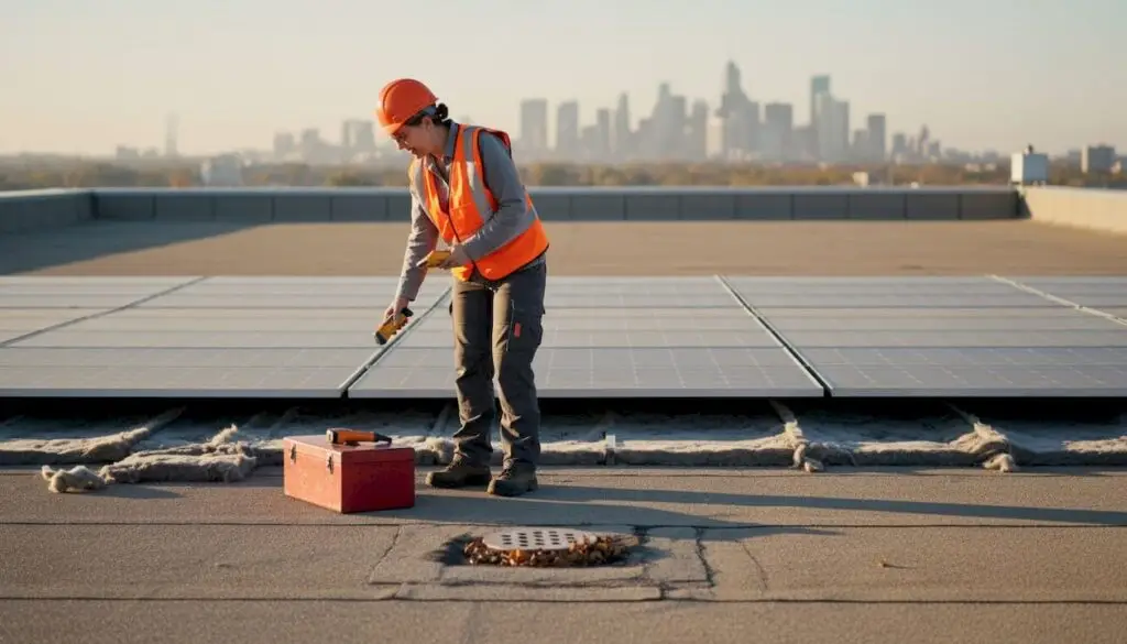 Technician inspects rooftop solar and insulation