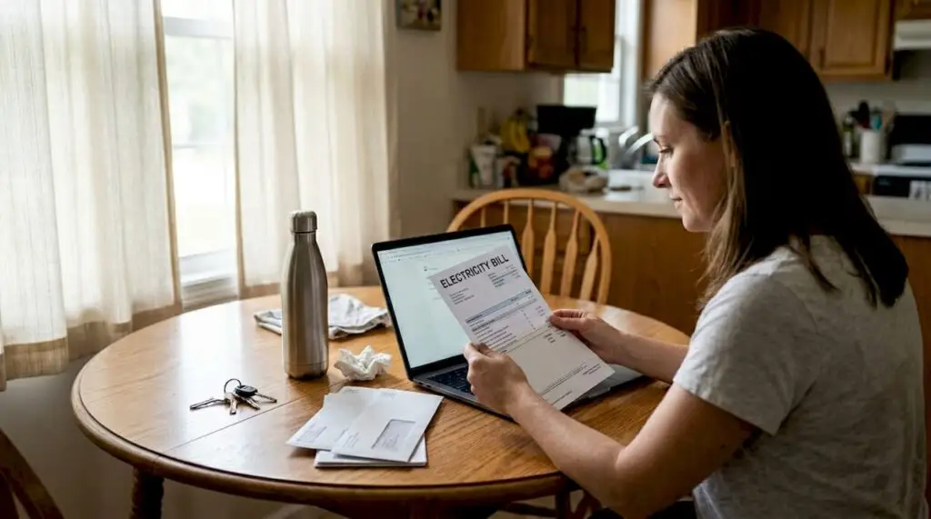 Homeowner reviewing solar electricity bill at kitchen table