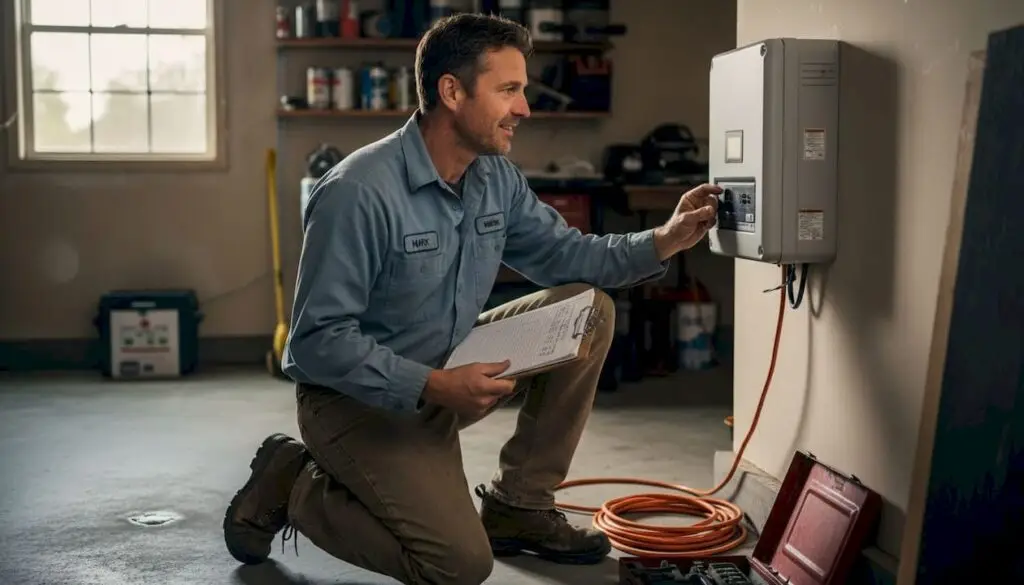 Electrician checking wall-mounted solar inverter