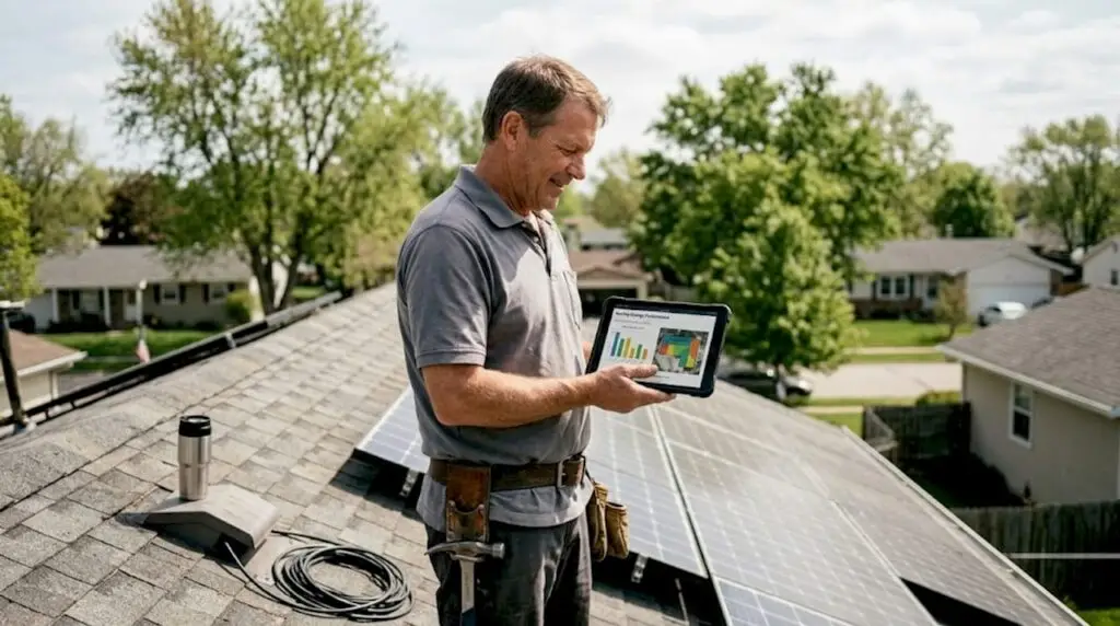 Roofer inspecting solar panels with tablet