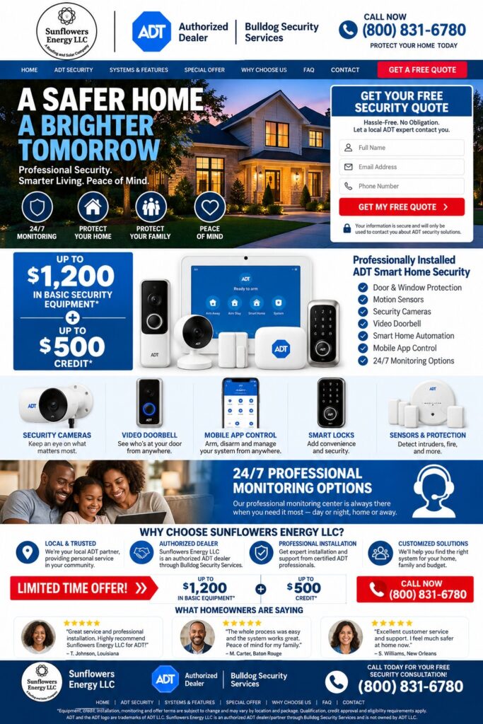 Sunflowers Energy LLC home security landing page featuring ADT Authorized Dealer Bulldog Security Services, professional installation, security cameras, video doorbells, smart home security, mobile app control, and 24/7 professional monitoring options.